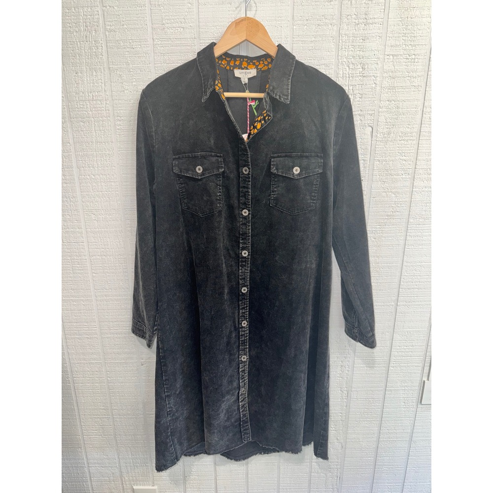 Umgee Shirt Dress Women Small Black Mineral Wash Corduroy Raw Hem K7686 S